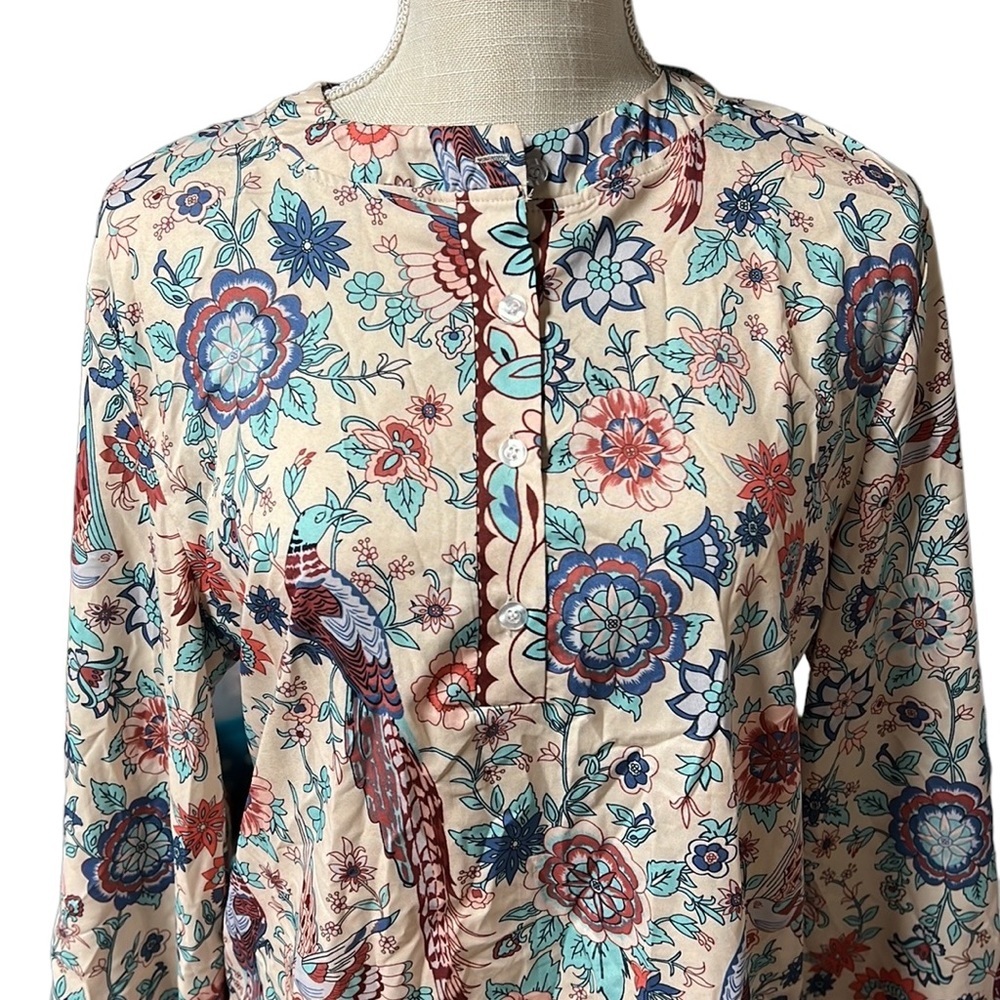Kinikiss Long Sleeve Shirt Blouse Button Up Tan Pink Peacock Floral Womens XL - Picture 4 of 7